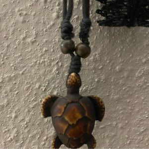 Hand carved, wooden turtle on adjustable rope necklace.